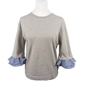 Lauren Ralph Lauren S Casual Gray Top 3/4 Sleeve W/ Navy/White Pinstripe Ruffle